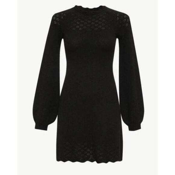Rumored Vermont Balloon Sleeve High Neck Lettuce Hem Mini Sweater Dress in Black - Picture 2 of 8